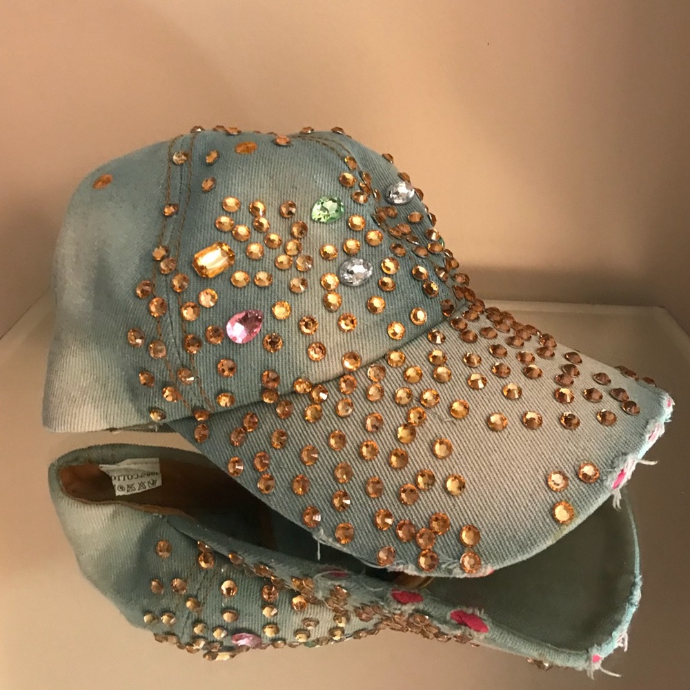 NWOT Distressed look denim baseball cap w/rhinestones